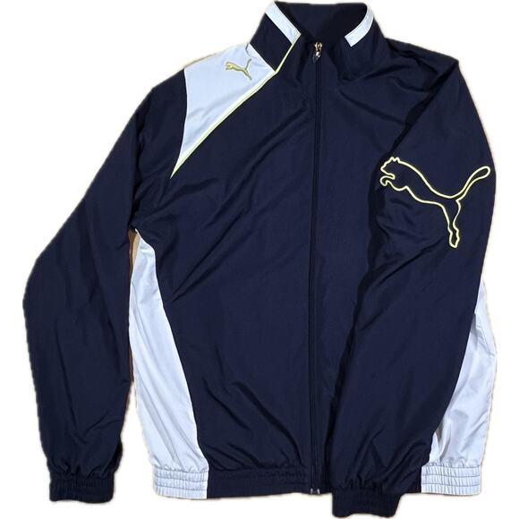 VTG Puma Track Jacket Full Zip Mock Neck White Yellow Logo Accents Mens Large - Picture 1 of 11